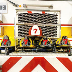 Custom Boston fire helmet shield black and white shields with red 7 tiller ladder truck