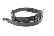 Load image into Gallery viewer, Custom leather firefighter radio strap Black Leather Red Stitching Black Hardware coiled
