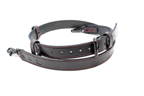Custom leather firefighter radio strap Black Leather Red Stitching Black Hardware coiled