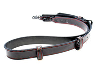 Load image into Gallery viewer, Custom leather firefighter radio strap Black Leather Red Stitching Black Hardware folded