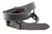 Load image into Gallery viewer, Custom leather firefighter radio strap Black Leather Red Stitching Black Hardware bundled