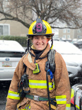 Load image into Gallery viewer, Custom Boston fire helmet shield black shield purple 9 firefighter smiling