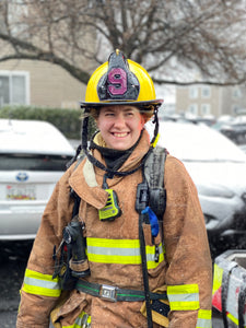 Custom Boston fire helmet shield black shield purple 9 firefighter smiling
