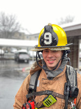 Load image into Gallery viewer, Custom Boston fire helmet shield black shield white 9 firefighter smiling snow storm