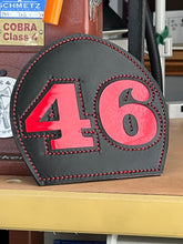 Load image into Gallery viewer, Custom Boston fire helmet shield black shield red 46 matte black leather firefighter